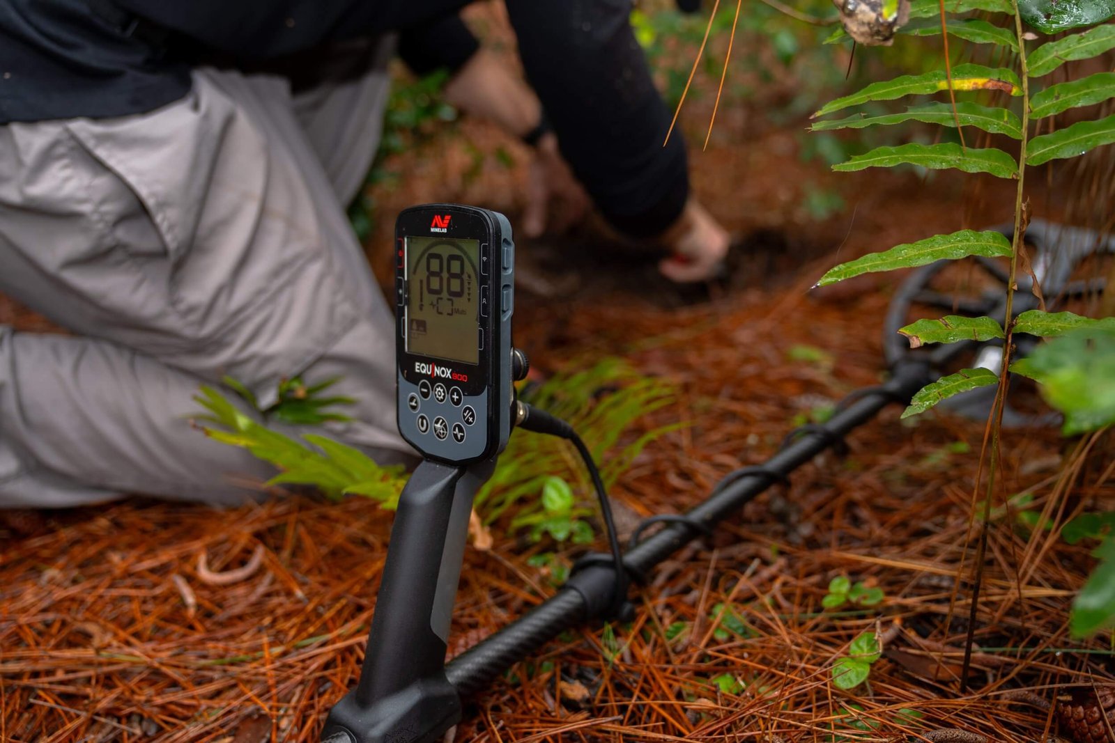 Pantalla encendida del Detector de metales Minelab Equinox 900 marcando un ID de 88 mientras un hombre excava al fondo.