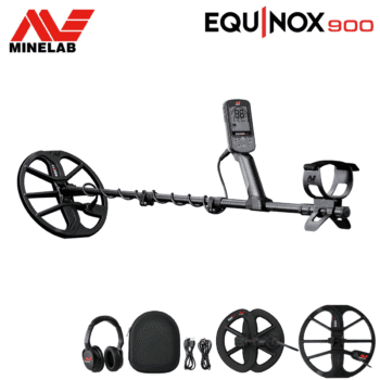 Detector Equinox 900 junto a bobinas de 11 y 6 pulgadas para máxima cobertura y precisión.
