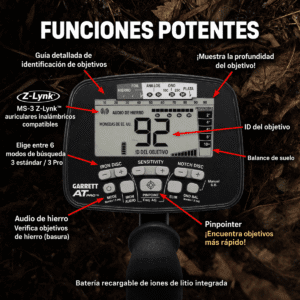 Panel del Garrett AT Pro resaltando el audio de hierro y la compatibilidad inalámbrica Z-Lynk.
