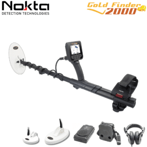 Kit completo de accesorios del detector Nokta Gold Finder 2000 incluyendo bobinas extra, auriculares y estuche de transporte.