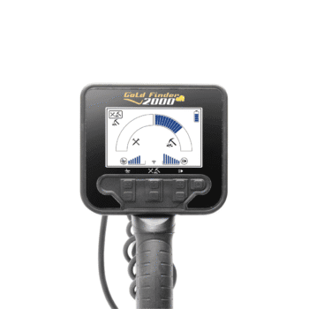 Detalle de la pantalla LCD del detector Nokta Gold Finder 2000 mostrando niveles de mineralización y discriminación de metales.
