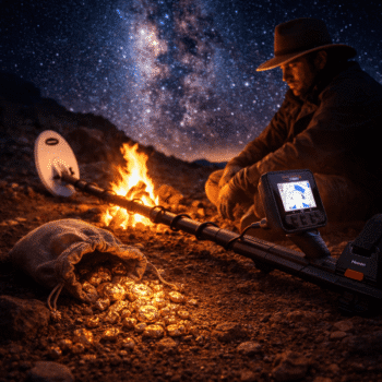 Buscador de oro junto a una fogata nocturna con el detector Nokta Gold Finder 2000 y una bolsa llena de pepitas de oro.
