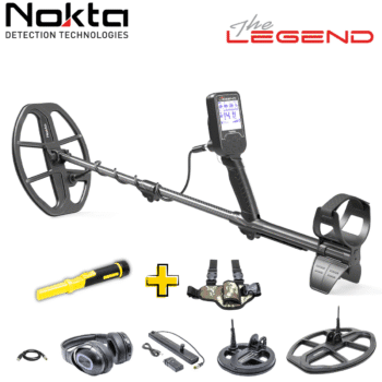 Accesorios incluidos con el detector de metales Nokta The Legend, mostrando bobinas, auriculares y herramientas de excavación.