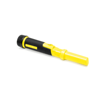 Pinpointer de mano amarillo y negro para localización precisa de objetivos metálicos en excavaciones.