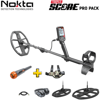 Contenido del kit Nokta Triple Score Pro Pack con pinpointer y auriculares inalámbricos.
