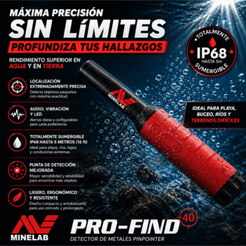 Pinpointer Minelab Pro-Find 40 totalmente sumergible hasta 5 metros con certificación IP68.