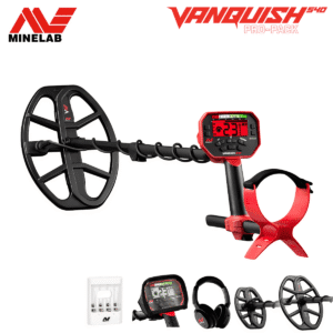Set completo Minelab Vanquish 540 que incluye audífonos cableados y protector de pantalla.