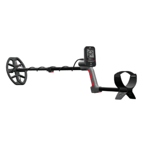 Detector Minelab Vanquish 360 con pantalla digital, bobina V10 y apoyabrazos ajustable.