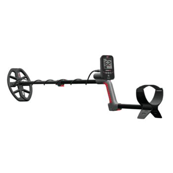 Detector Minelab Vanquish 360 con pantalla digital, bobina V10 y apoyabrazos ajustable.