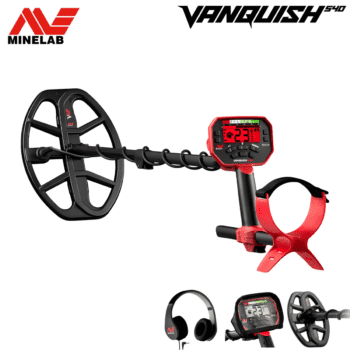 Set completo de búsqueda de tesoros con unidad central roja y periféricos de audio.