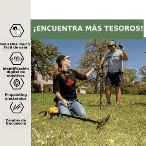 Pareja de buscadores con equipos Garrett de la serie ACE explorando una zona de césped y campo.