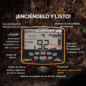 Infografía de la pantalla del Garrett ACE Apex detallando tecnología Multi-Flex y funciones pro.