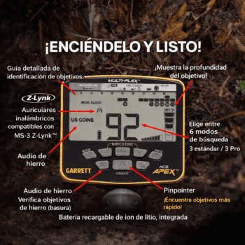 Infografía de la pantalla del Garrett ACE Apex detallando tecnología Multi-Flex y funciones pro.