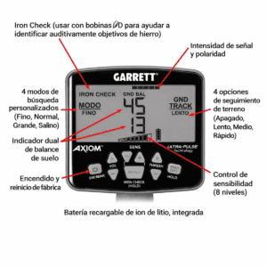 Panel de mandos del detector Garrett Axiom resaltando la tecnología Ultra-Pulse e indicadores de balance de suelo.