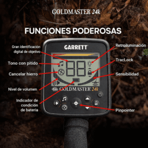 Pantalla LCD del detector Garrett Goldmaster 24k mostrando ajustes de sensibilidad, hierro y retroiluminación.