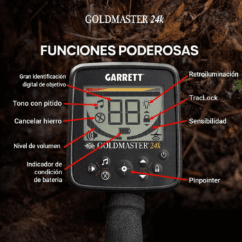 Pantalla LCD del detector Garrett Goldmaster 24k mostrando ajustes de sensibilidad, hierro y retroiluminación.
