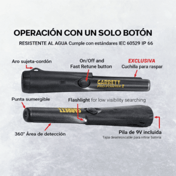 Guía de funciones del Garrett Pro-Pointer II: botón de sintonización rápida y cuchilla para raspar tierra.