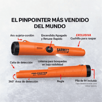 Funciones de control del Garrett Pro-Pointer AT con aro sujeta-cordón y botón único de encendido.