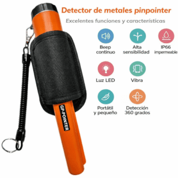 Infografía de funciones del GP-Pointer: impermeabilidad IP66, luz LED y detección 360 grados.