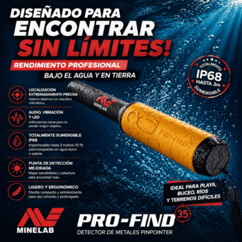 Minelab Pro-Find 35 con tecnología de identificación de tonos ferrosos para ignorar basura.