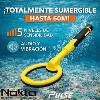Especificaciones del detector de mano Nokta PulseDive para búsqueda de tesoros sumergibles.