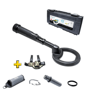 Set completo de detector Nokta PulseDive Scuba 2-en-1 negro con estuche rígido y funda.