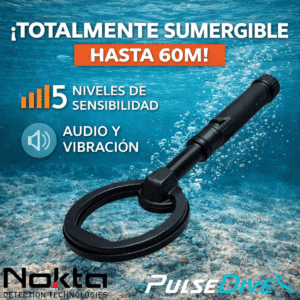 Panel de funciones del Nokta PulseDive con 5 niveles de sensibilidad y modos de audio y vibración.