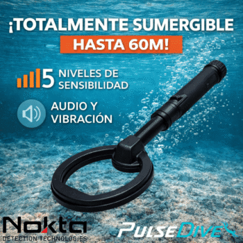 Panel de funciones del Nokta PulseDive con 5 niveles de sensibilidad y modos de audio y vibración.