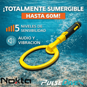 Detector de metales amarillo Nokta PulseDive para submarinismo con indicadores de audio y vibración.