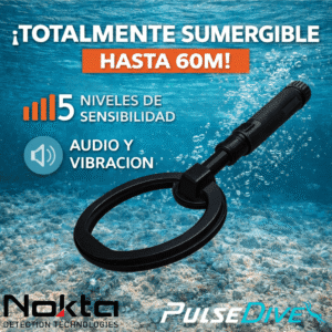 Características del Nokta PulseDive Scuba con modos de alerta por vibración y audio para buceo.