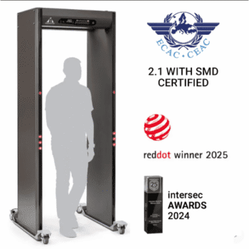 Arco detector de metales Garrett Paragon con sellos de certificación internacional ECAC, premio Red Dot Winner 2025 e Intersec Awards.