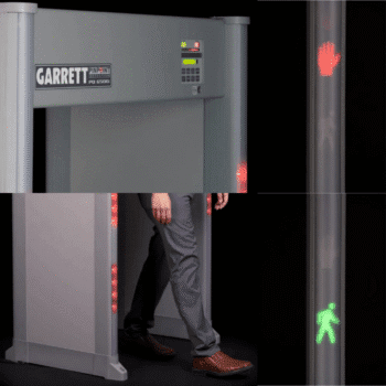 Indicadores de zona e iconos de control de flujo peatonal integrados en los perfiles del arco detector Garrett PD6500i.