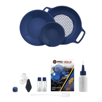 Kit completo para lavado de oro Minelab Pro-Gold con bateas azules, clasificador de malla hexagonal, frascos viales y lupa de aumento.