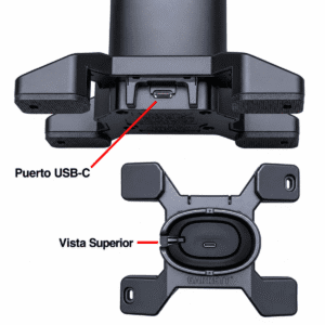 Esquema técnico de la base cargadora Garrett con especificación de entrada USB tipo C y almohadillas inferiores de soporte.