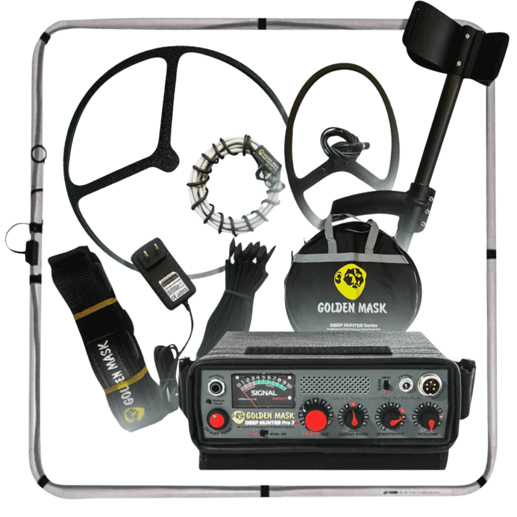 Kit del detector por pulsos Golden Mask Deep Hunter Pro 7 con consola analógica de perillas rojas, platos de búsqueda y marco cuadrado de tubos.