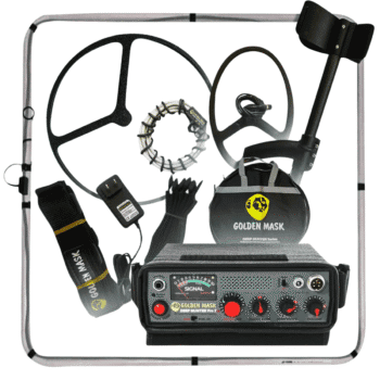 Kit del detector por pulsos Golden Mask Deep Hunter Pro 7 con consola analógica de perillas rojas, platos de búsqueda y marco cuadrado de tubos.