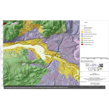 Mapa de geología superficial y topografía generado en Golden Software Surfer para el detector Lorenz Deepmax Z2 con divisiones de terreno coloreadas y leyenda técnica.