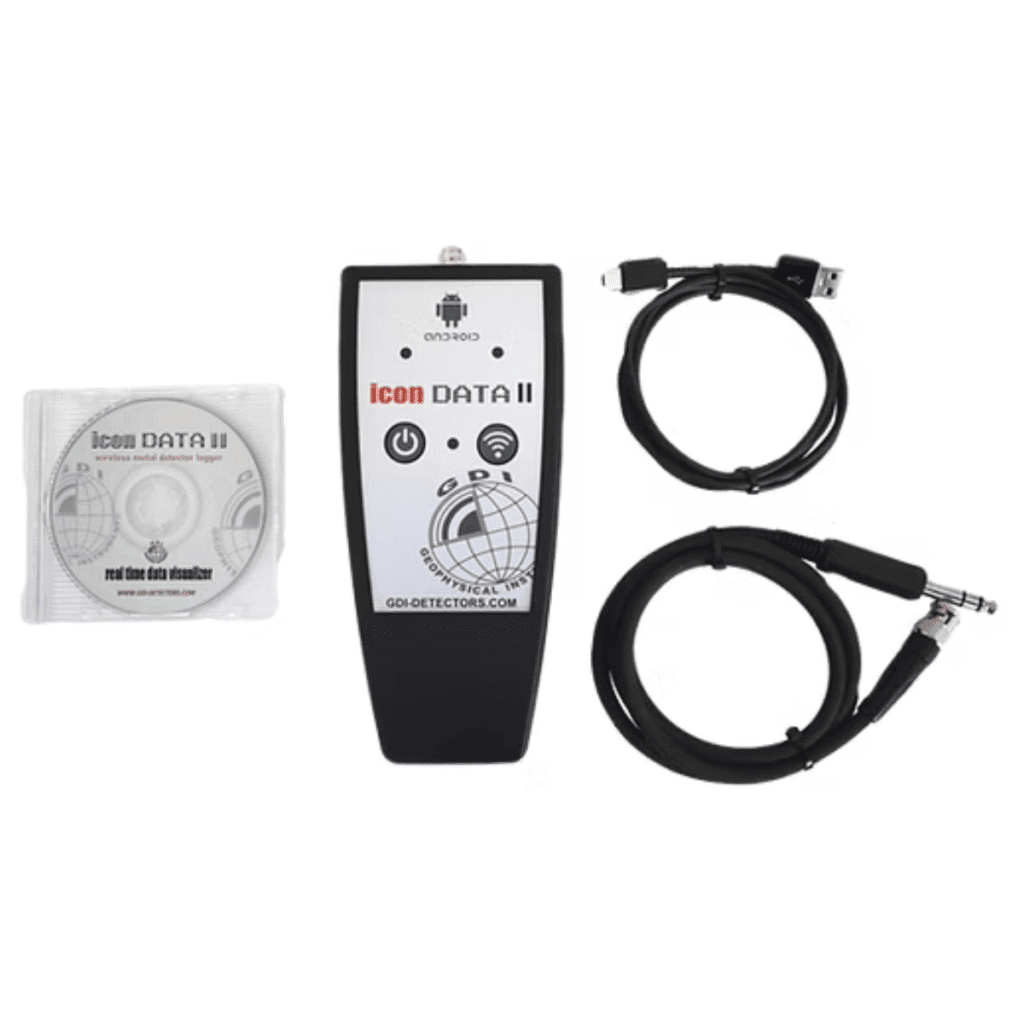 Registrador de datos inalámbrico GDI icon DATA II con disco compacto de controlador y cables de interfaz para transferencia de datos a PC.