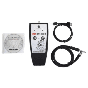 Registrador de datos inalámbrico GDI icon DATA II con disco compacto de controlador y cables de interfaz para transferencia de datos a PC.
