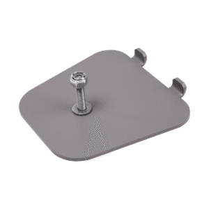 Kit de anclaje Garrett PD6500 y de MZ6100 con base metálica gris, tornillo de nivelación y pestañas de fijación para detector de metales.
