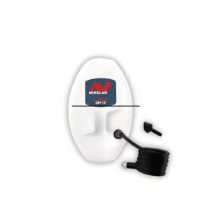 Bobina elíptica blanca Minelab GM 10 con cable elástico negro y perno de sujeción plástico aislante sobre fondo blanco.
