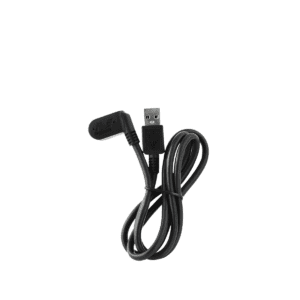 Cable USB de carga original Minelab con cabezal magnético en ángulo recto expuesto sobre fondo blanco.