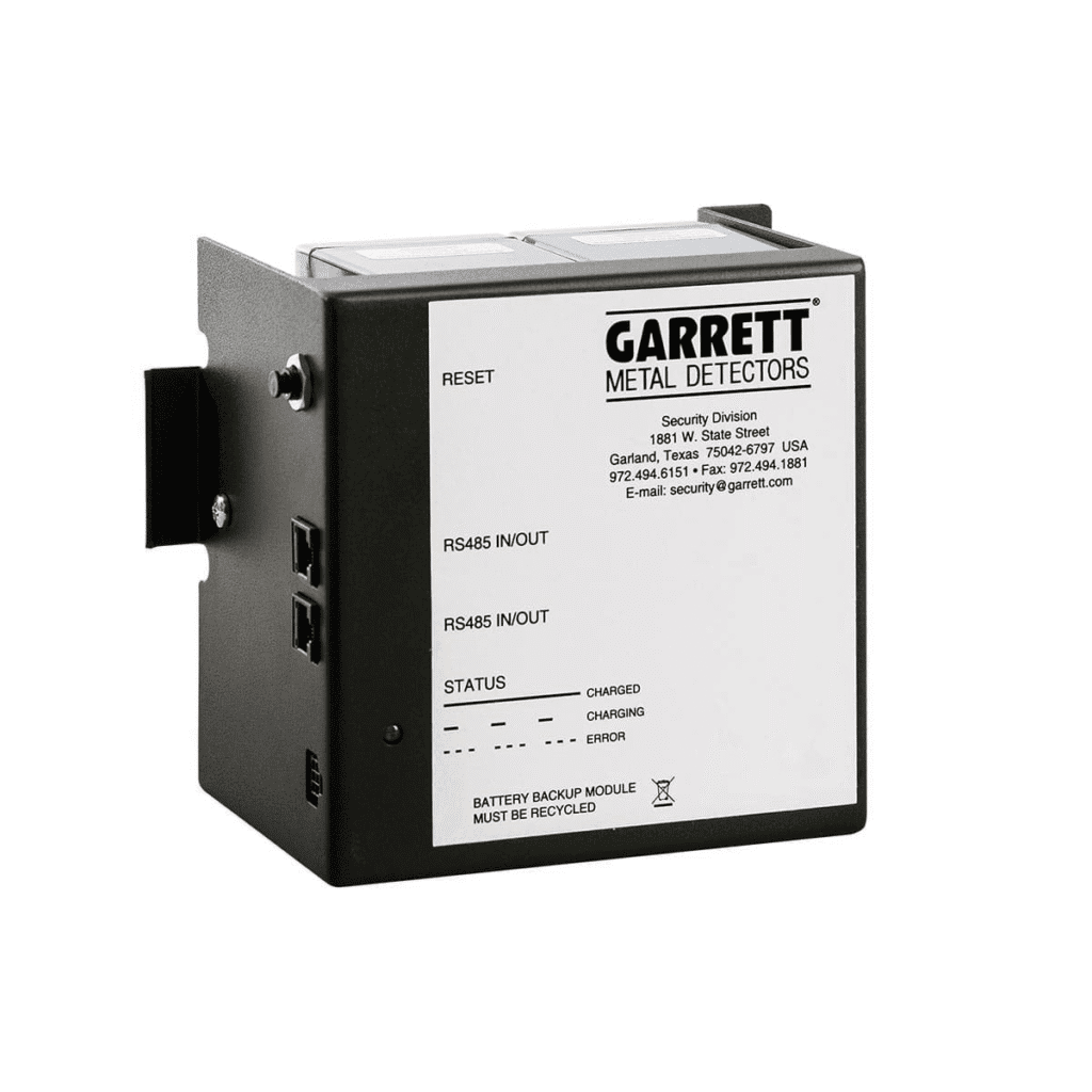 Batería de respaldo para arco detector Garrett PD6500 con puertos de comunicación RS485 integrados y ensamble modular para instalación rápida.