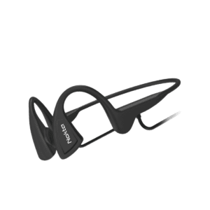 Auriculares de conducción ósea negros Nokta con arco de nuca elástico y transductores rectangulares sobre fondo blanco.