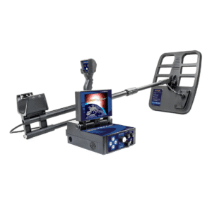 Sistema detector de metales Nokta Makro Deephunter 3D con consola centralizada, pantalla digital abierta y bobina rectangular grande de exploración profunda.