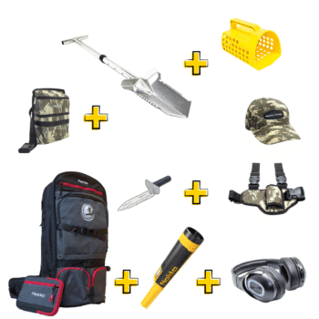 Kit de obsequios por la compra del detector Nokta Invenio incluyendo Accupoint Nokta, morral técnico, pala de acero inoxidable y audífonos.