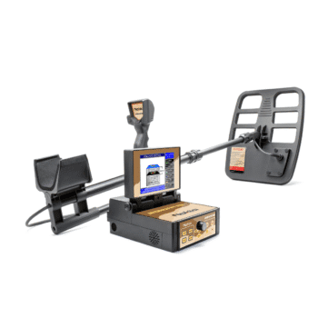 Escáner subterráneo Nokta JeoHunter con monitor a color de visualización tridimensional, caja de mandos con potenciómetro y plato de búsqueda grande.