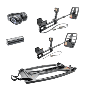 Accesorios del sistema tridimensional JeoHunter con audífonos acolchados negros, batería prismática alargada y marco de bobina grande con correas.