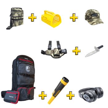 Promoción de regalos JeoHunter mostrando morral de montaña gris, gorra y bolsos con camuflaje militar junto a herramientas de excavación y audífonos inalámbricos.