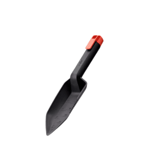 Pala excavadora de mano Minelab fabricada en polímero negro no magnético con marcas de profundidad en la hoja sobre fondo blanco.